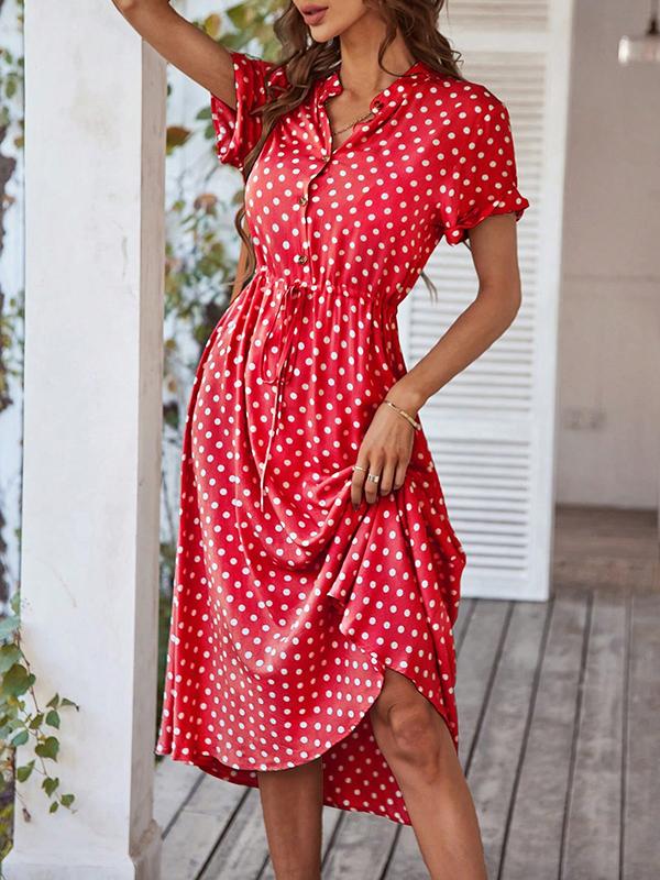 A-Line High Waisted Buttoned Drawstring Polka-Dot V-Neck Midi Dresses Product Image