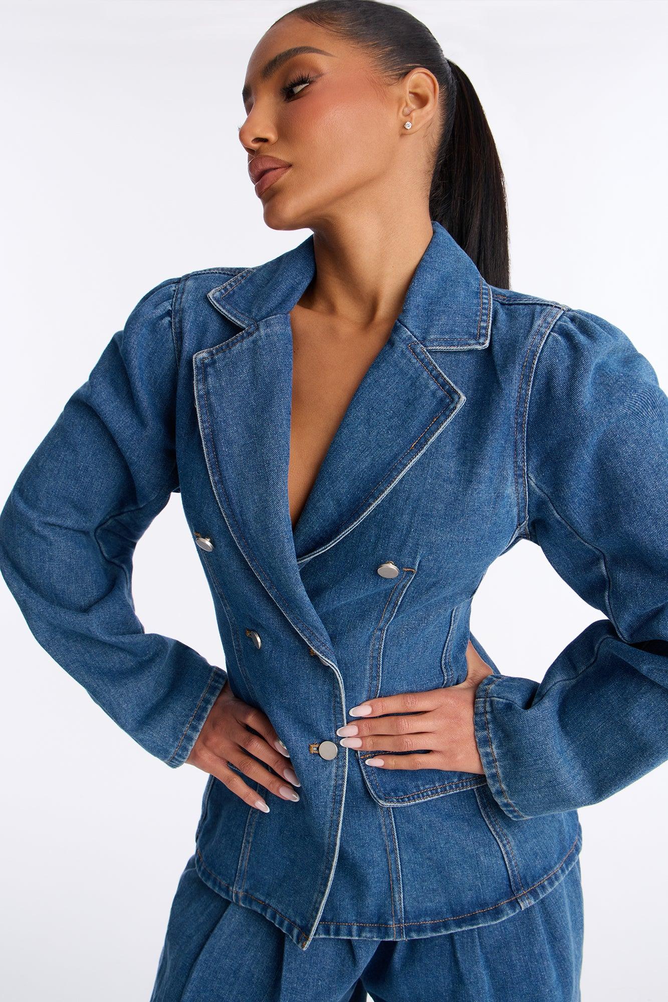 Clara Washed Denim Blazer Pant Set - Medium Wash Female Product Image