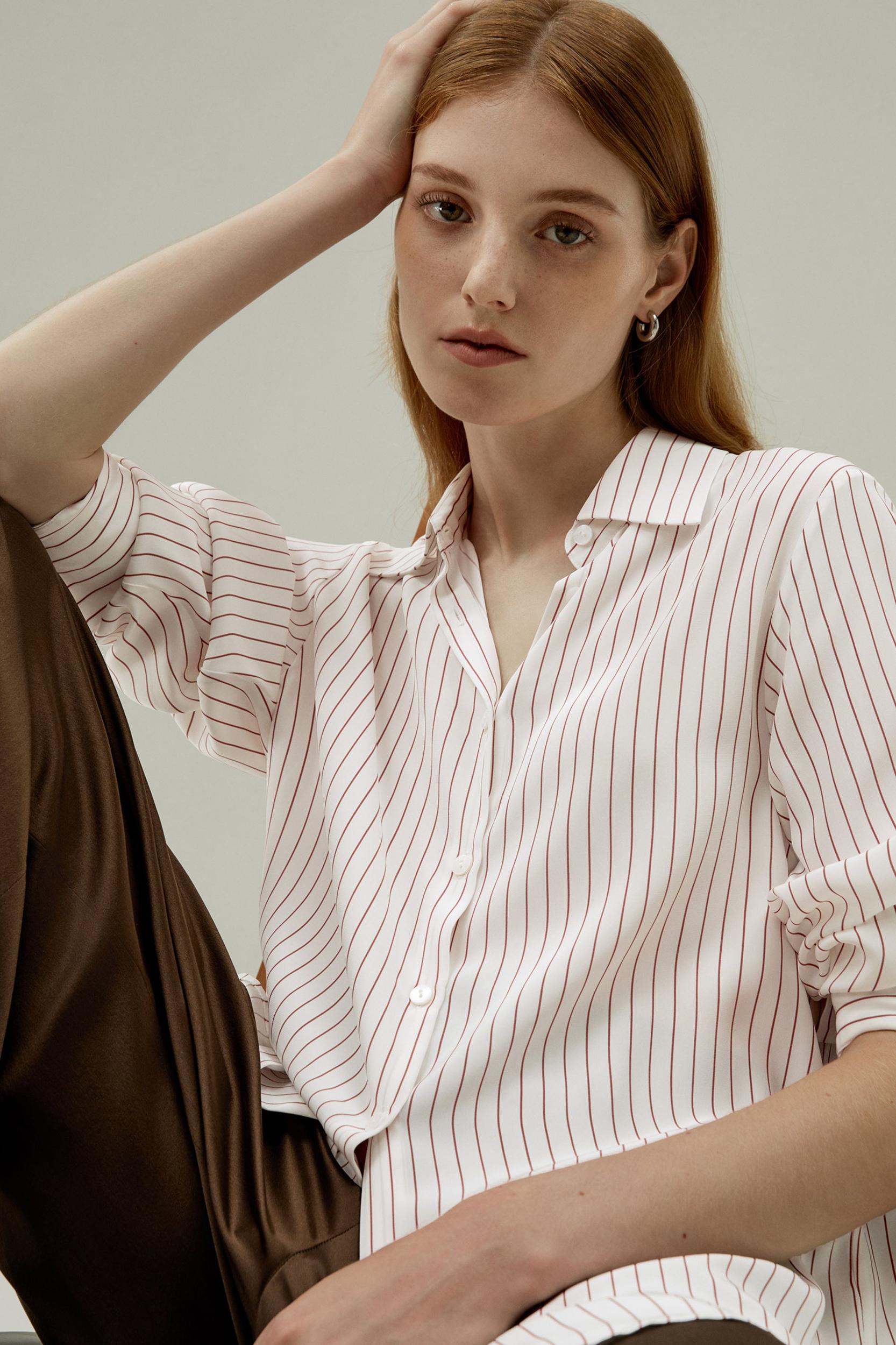 LILYSILK Women's Silk Charmeuse Oversized SOS Shirt, Brown Pinstripe, XXL Product Image