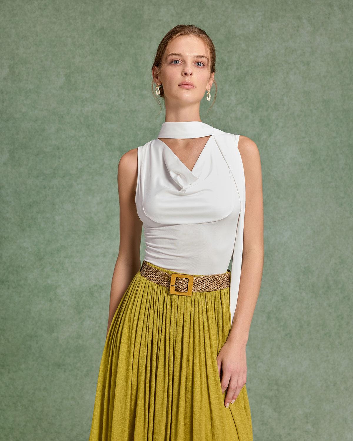 White Cowl Neck Ruched Tank Top Product Image