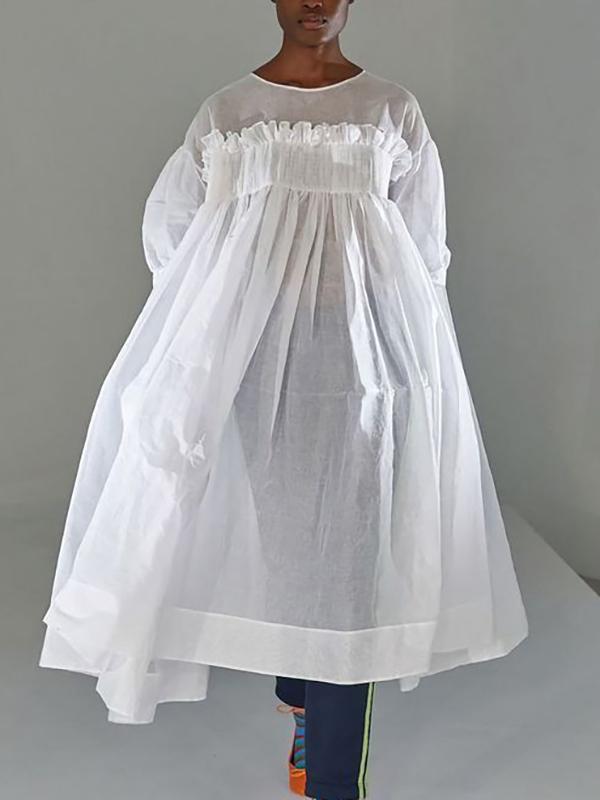 A-Line Long Sleeves Mesh Pleated See-Through Solid Color Split-Joint Round-Neck Midi Dresses Product Image