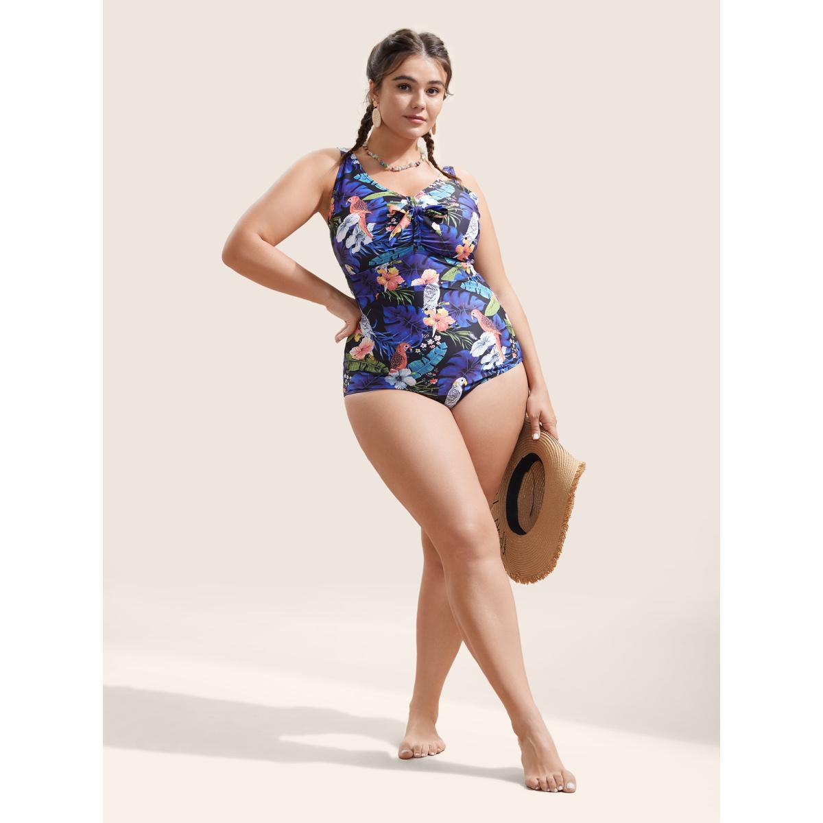Plus Size Tropical Print Knotted Tummy Control One Piece Swimsuit Women's Swimwear Multicolor Beach Non Curve Bathing Suits High stretch One Pieces BloomChic 12/L Product Image