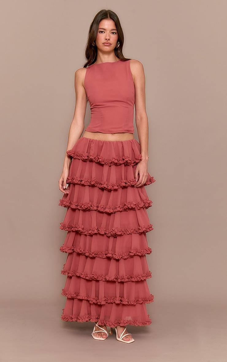 Blush Rose Chiffon Tiered Frill Maxi Skirt Product Image