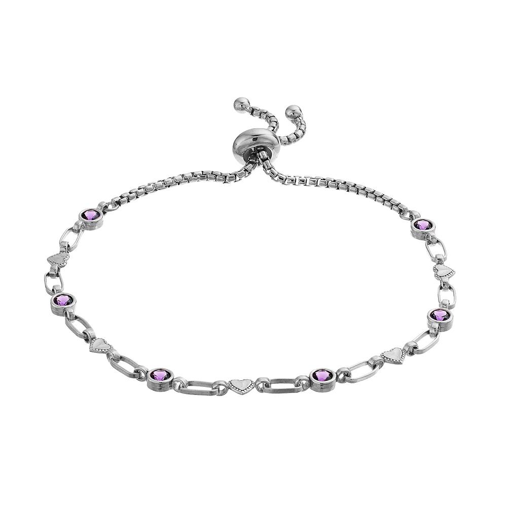 Kristen Kesho Sterling Silver Lab-Created Amethyst & Heart Link Adjustable Bolo Bracelet, Women's, Size: 9.50 Product Image