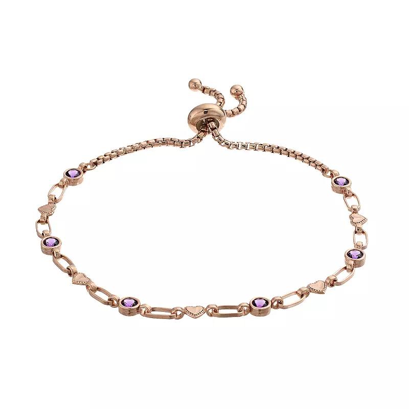 Kristen Kesho Sterling Silver Lab-Created Amethyst & Heart Link Adjustable Bolo Bracelet, Women's, Size: 9.50 Product Image