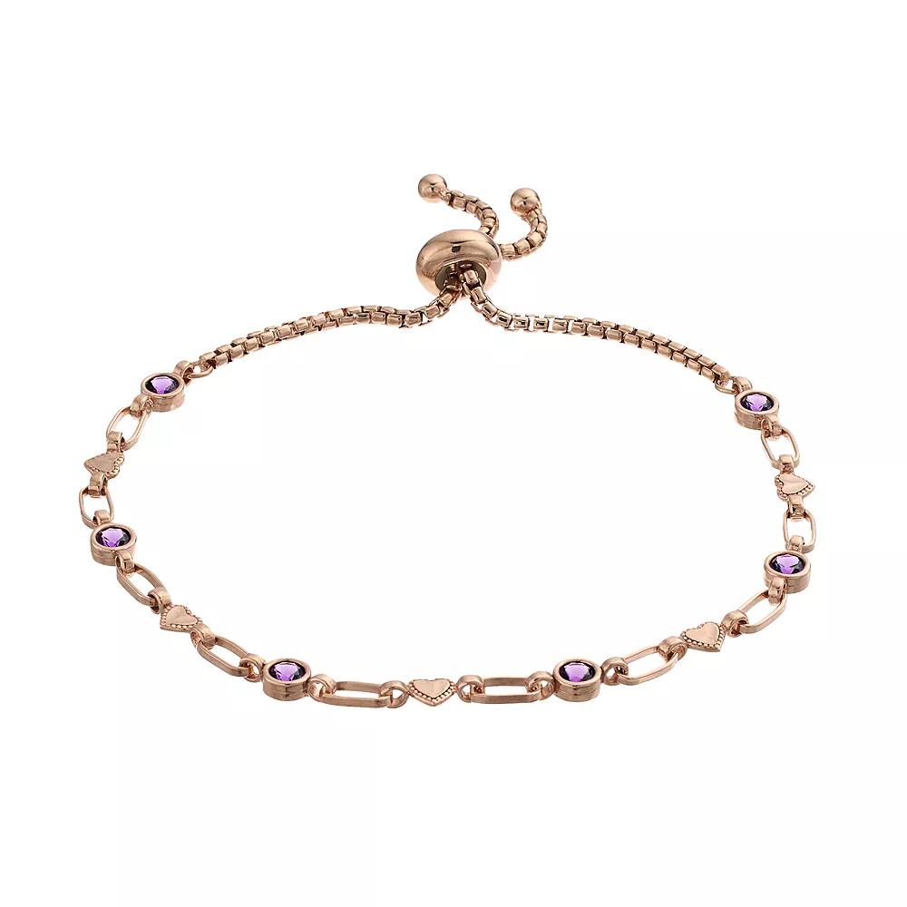 Kristen Kesho Sterling Silver Lab-Created Amethyst & Heart Link Adjustable Bolo Bracelet, Women's, Size: 9.50 Product Image