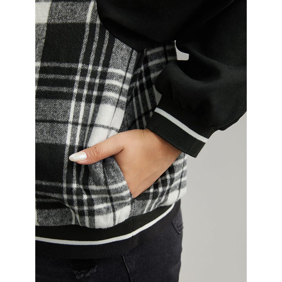 Plus Size Plaid Button Through Pocket Baseball Collar Bomber Jacket Women Black Elastic cuffs Pocket Dailywear Jackets BloomChic 12/L Product Image