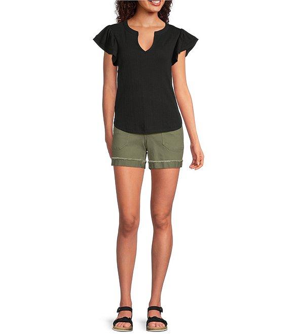 Democracy Mix-Media Split V-Neck Cap Sleeve Shirttail Hem Knit Top Product Image