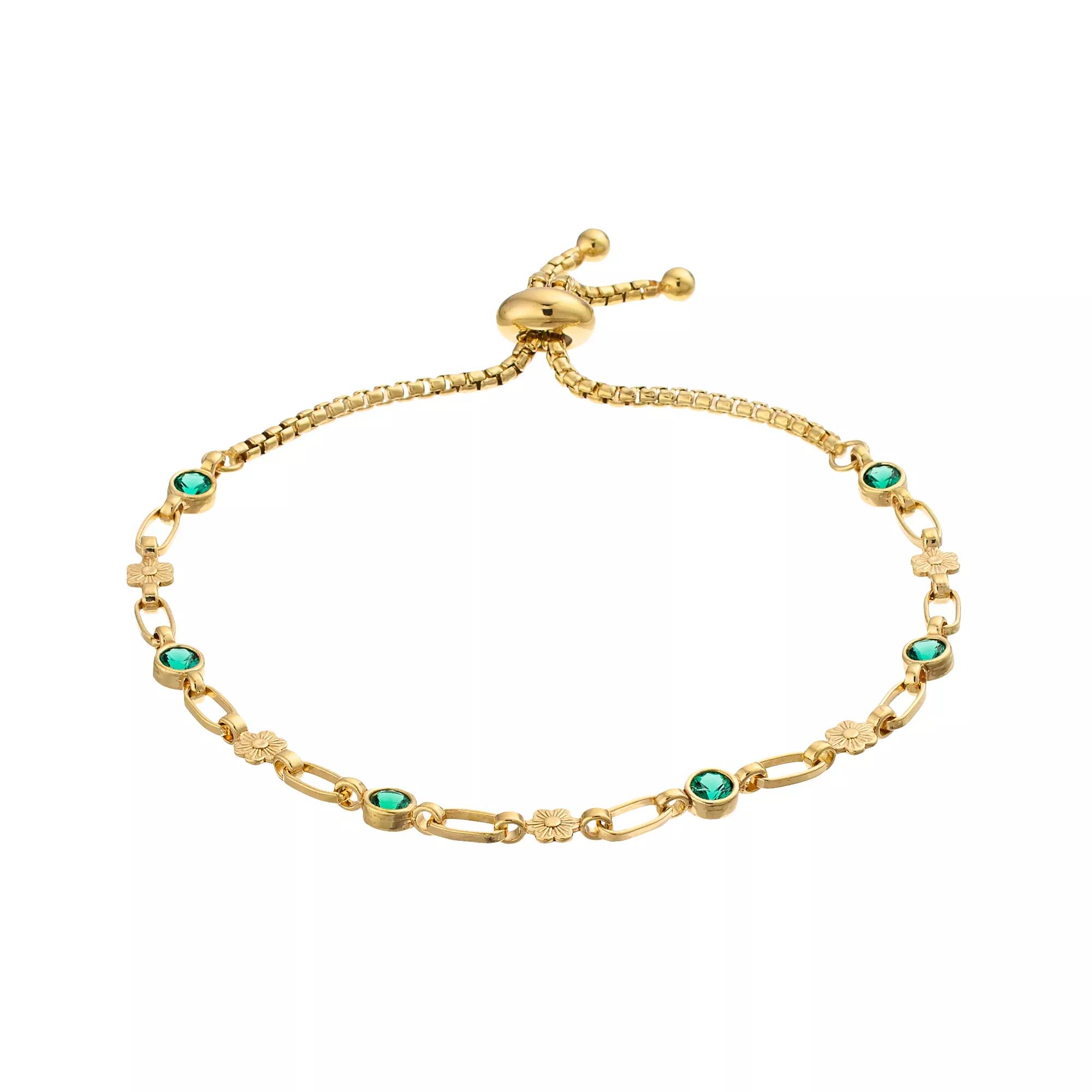 Kristen Kesho Sterling Silver Lab-Created Emerald & Flower Link Adjustable Bolo Bracelet, Women's, Size: 9.50, Gold Tone Product Image