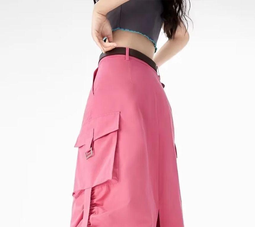 High Rise Plain Drawstring Midi A-Line Cargo Skirt Product Image