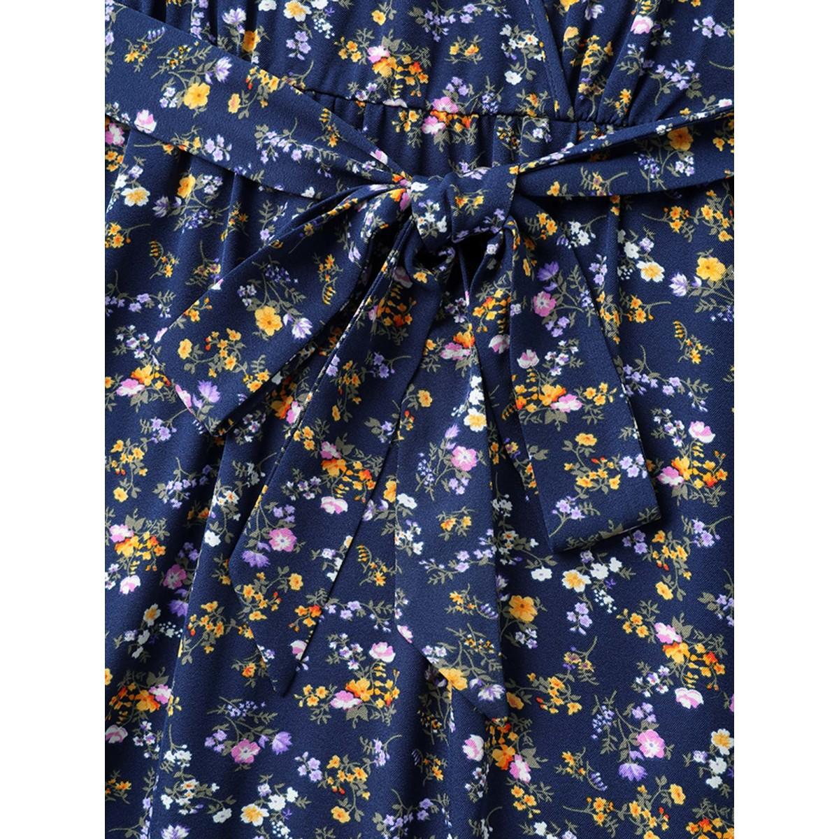 Plus Size Stretch Woven Floral Belted Pockets Midi Dress Navy Women Elegant Belted Overlap Collar Sleeveless Curvy BloomChic 22-24/3X Product Image