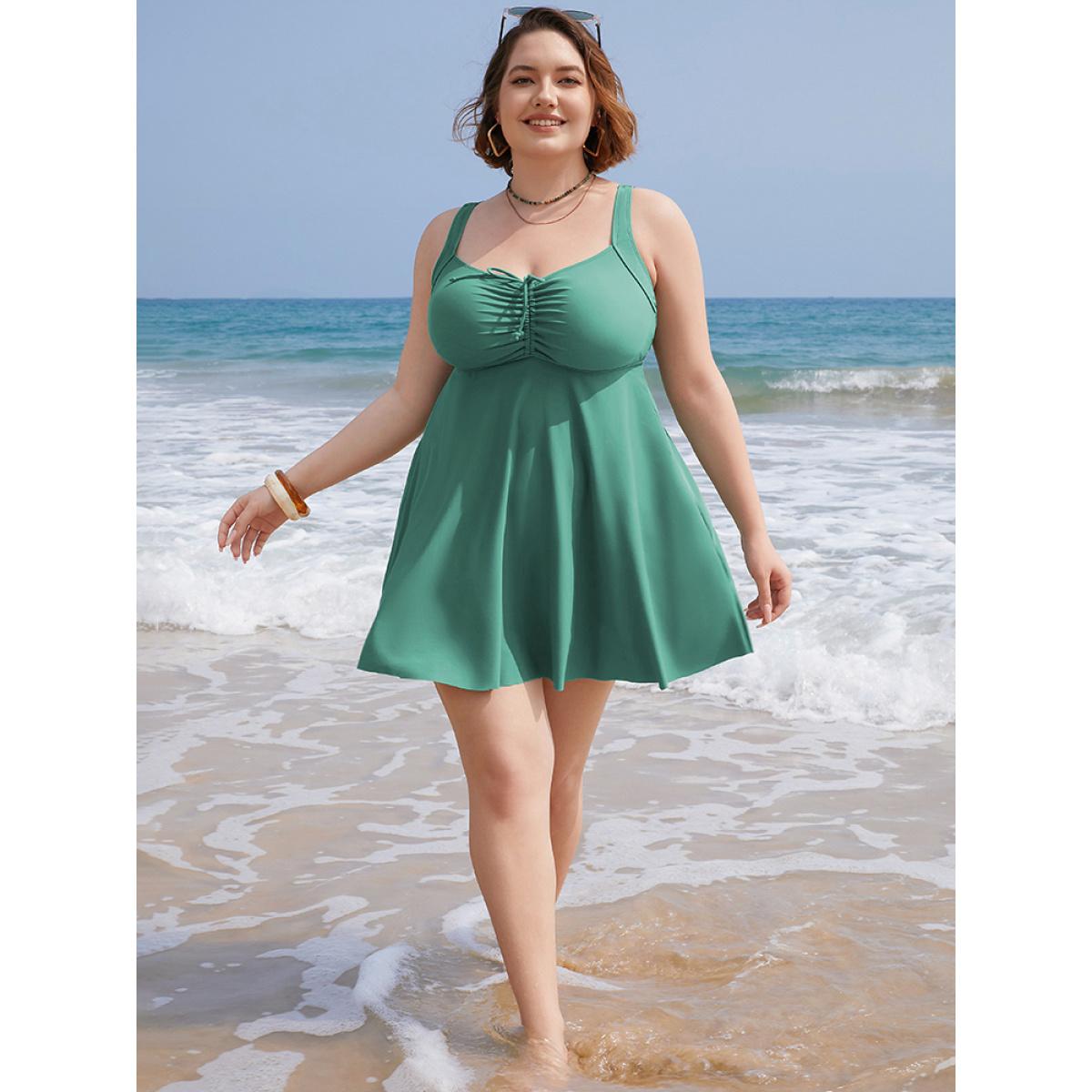 Plus Size Ruched Drawstring Flutter Hem Swim Dress Women's Swimwear Emerald Vacation Bodycon High stretch Curve Swim Dresses BloomChic 30/6X Product Image