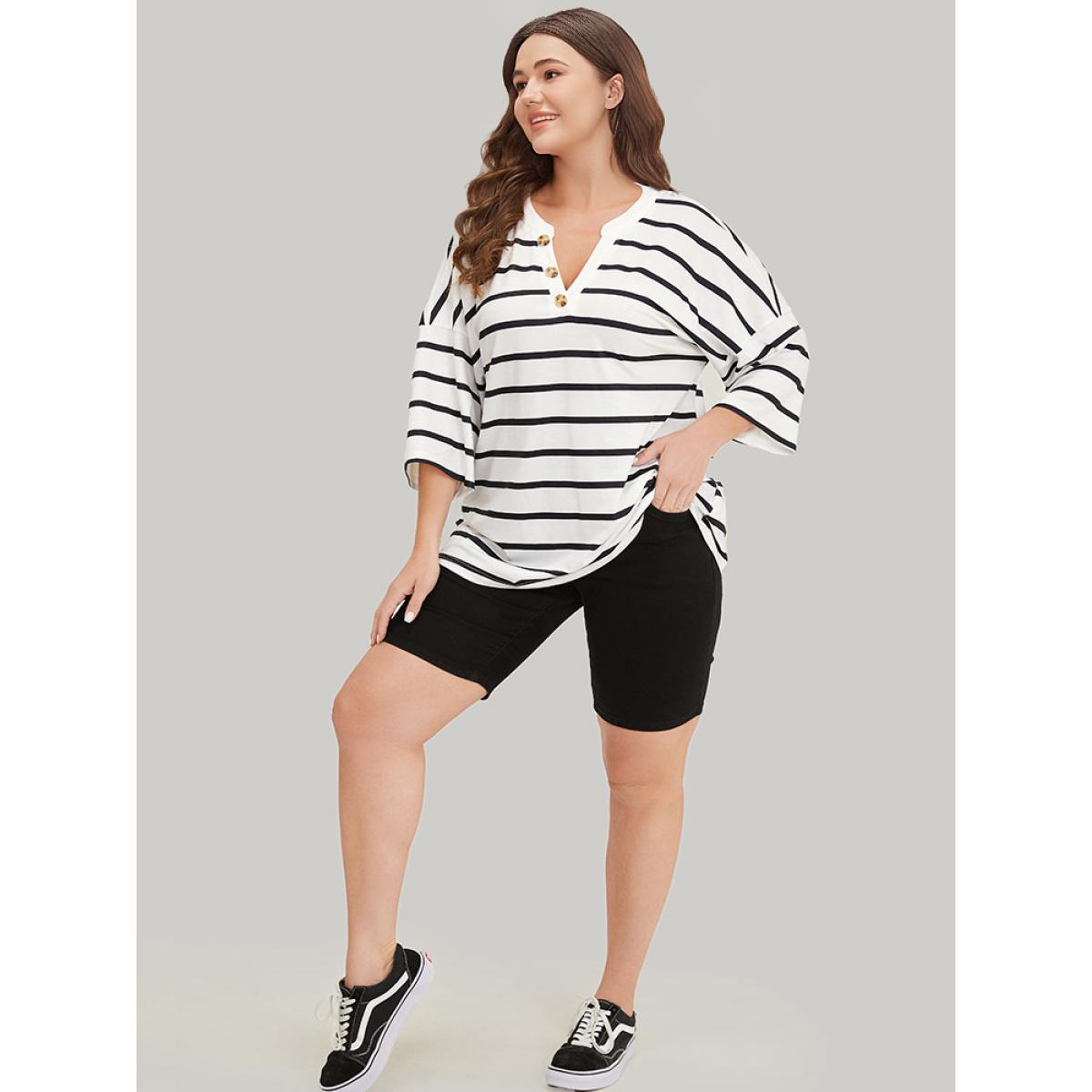 Plus Size Striped Print Button Detail Notched T-shirt White Women Casual Button Striped Notched collar Dailywear T-shirts BloomChic 12/L Product Image
