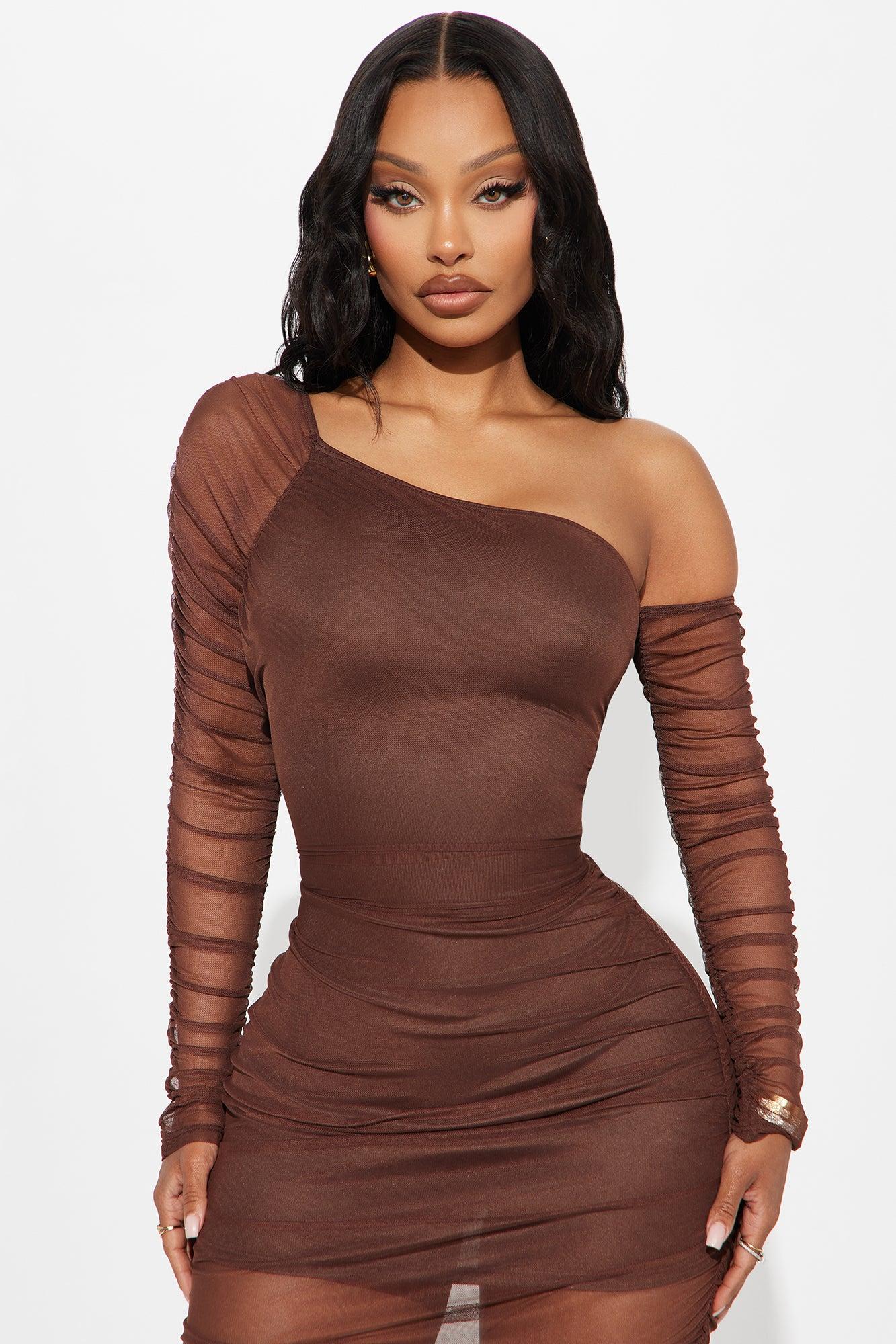 Salina Mesh Ruched Maxi Dress - Chocolate Product Image