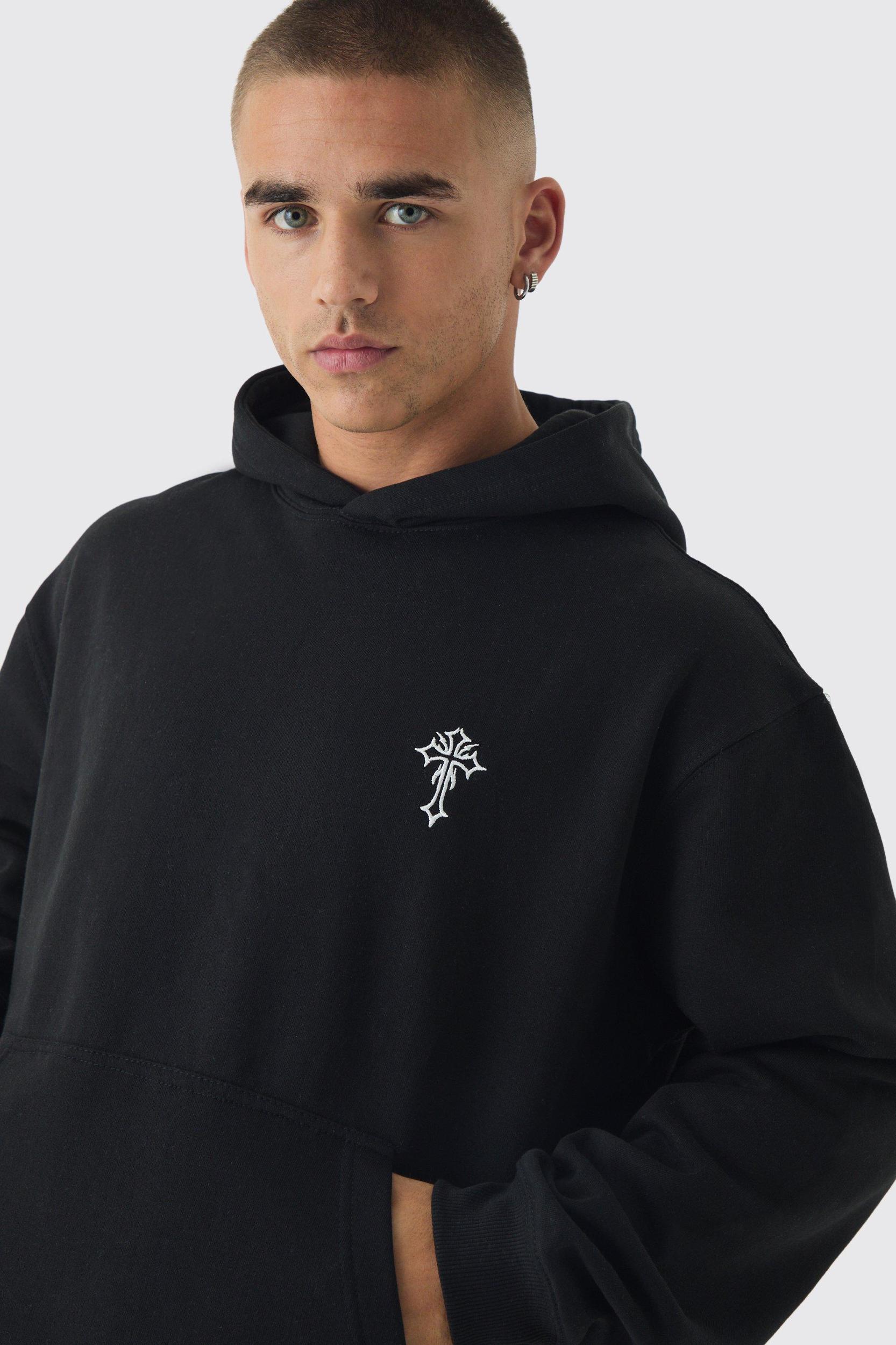 Oversized Boxy Gothic Cross Embroidery Hoodie | boohooMAN USA Product Image