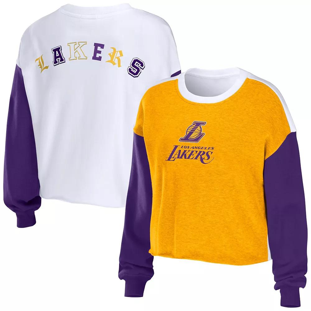 Women's WEAR by Erin Andrews Heather Gold Los Angeles Lakers Mixed Letter Cropped Pullover Sweatshirt,  Product Image
