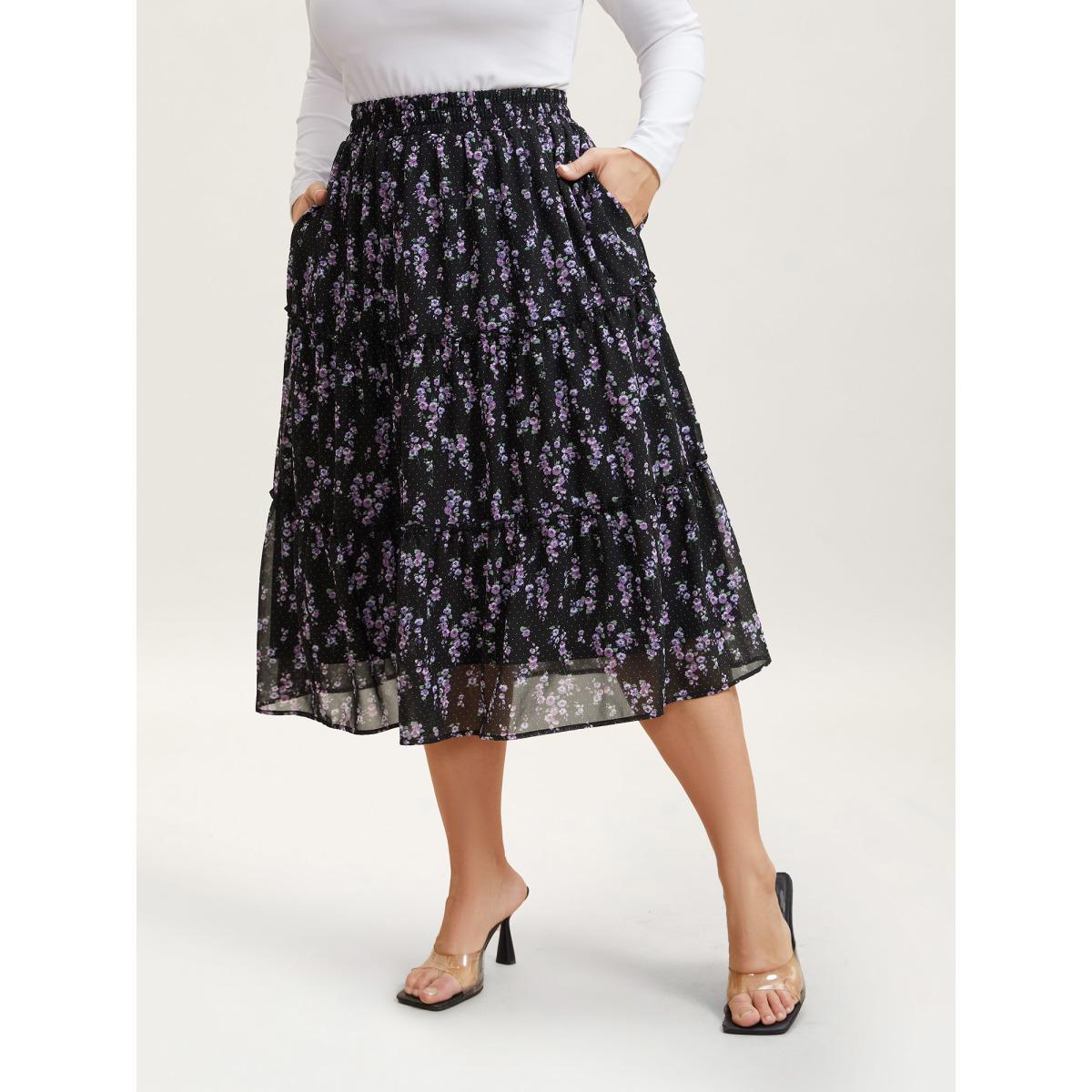 Plus Size Flirty Floral Pleated Sheer Midi Skirt Women BlackFlower Elegant See through No stretch Side seam pocket Everyday Skirts BloomChic 26/4X Product Image