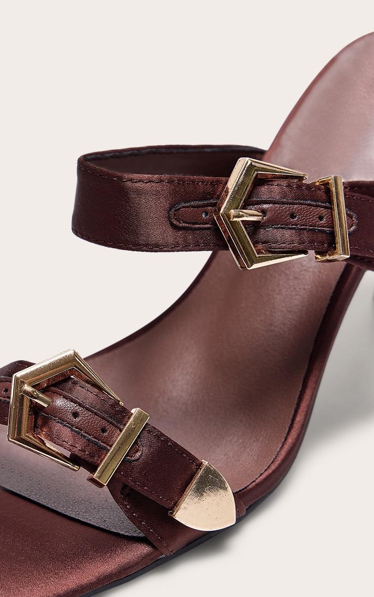 Chocolate Satin Wide Fit Square Toe Buckle Strap High Stiletto Heeled Mules Product Image