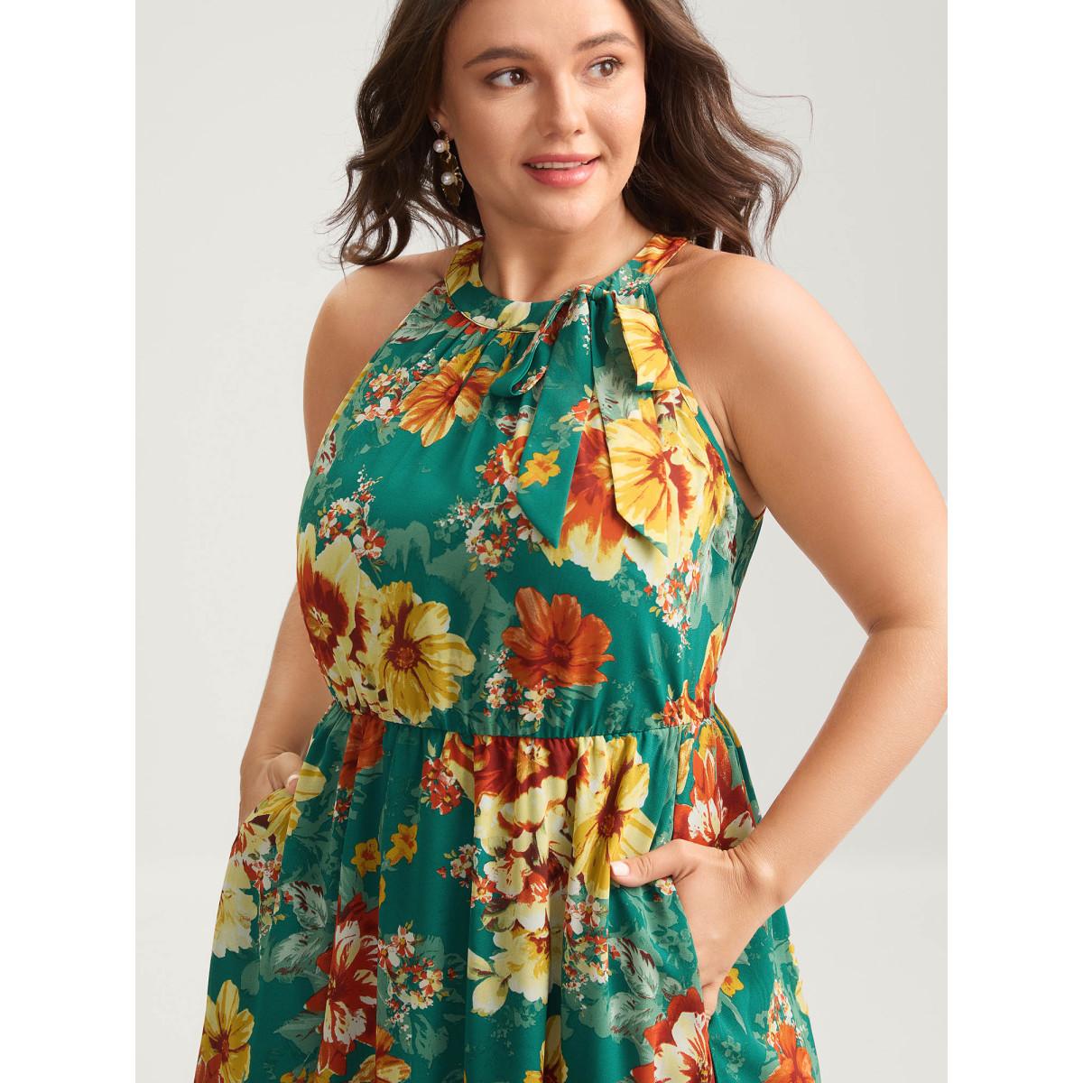 Plus Size Large Floral Print Stretchy-Waist Midi Dress Emerald Women Halter neck Sleeveless Curvy BloomChic 26/4X Product Image