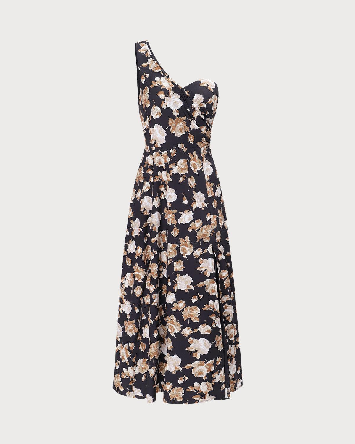 The Black One Shoulder Floral Maxi Dress Product Image