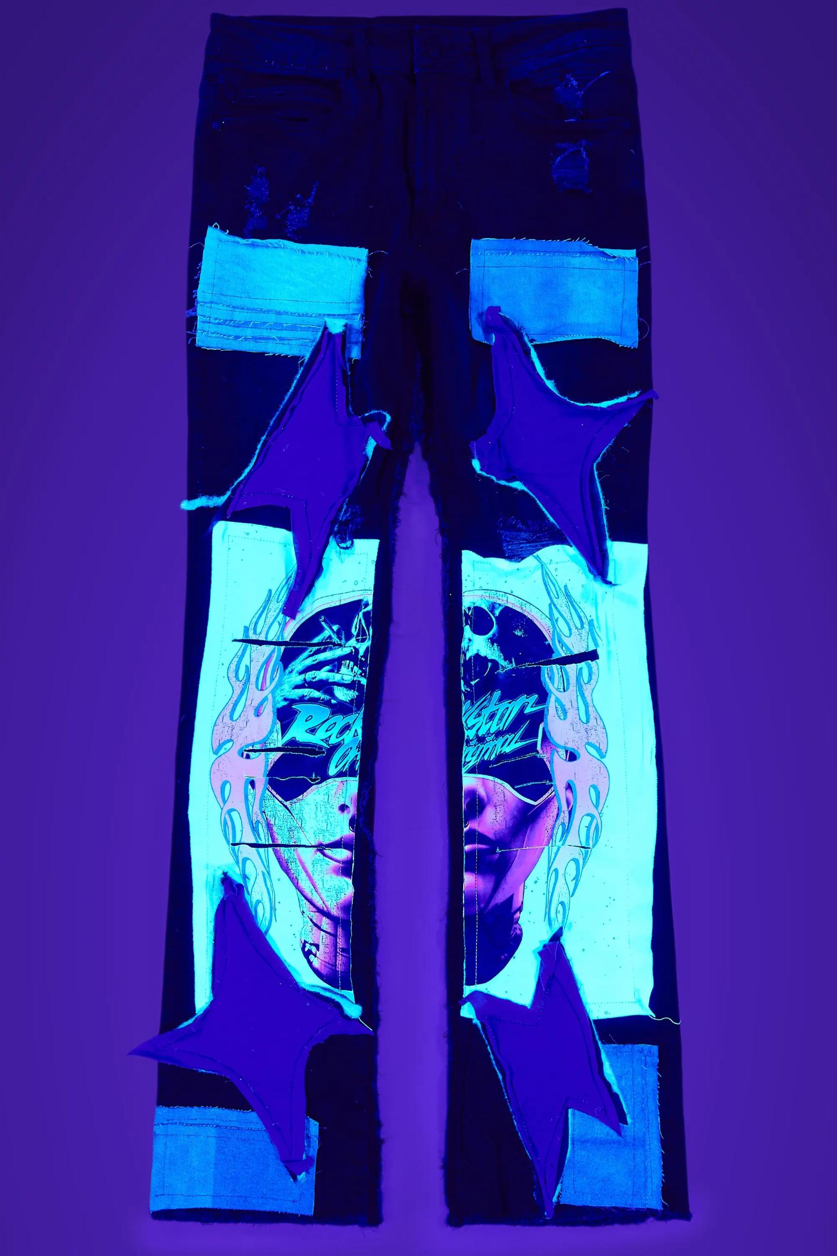 Helios Dark Grey Patchwork Stacked Flare Jean Male Product Image