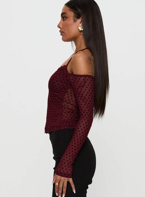 On My Side Off Shoulder Tie Neck Top Burgundy Product Image