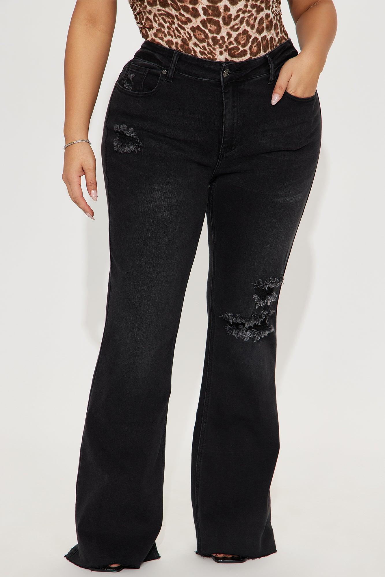 Certifiable Stretch Ripped Flare Jeans - Black Wash Product Image