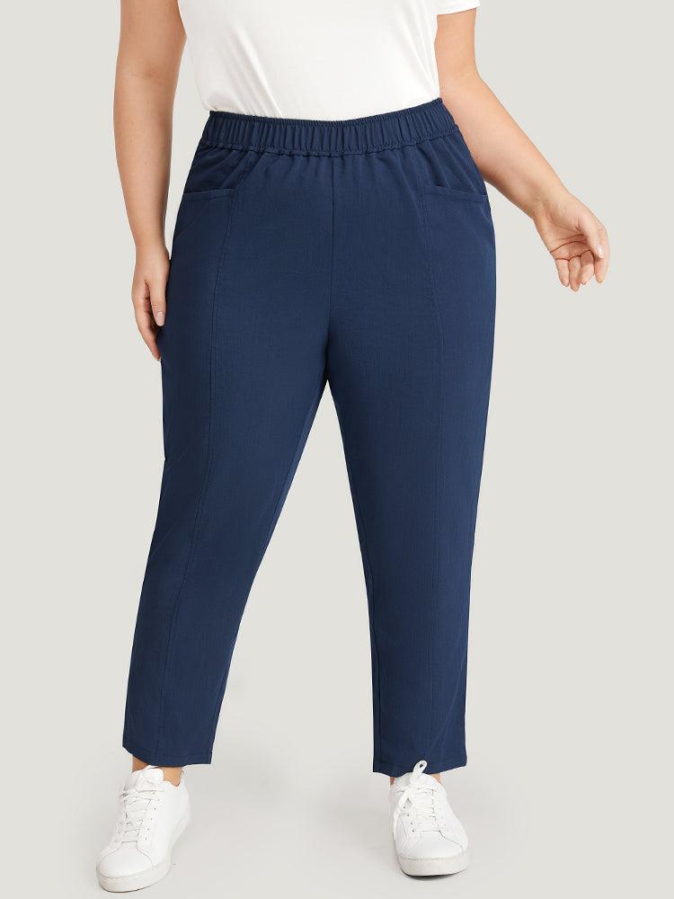 Solid Elastic Waist Pocket High Rise Pants Female Product Image