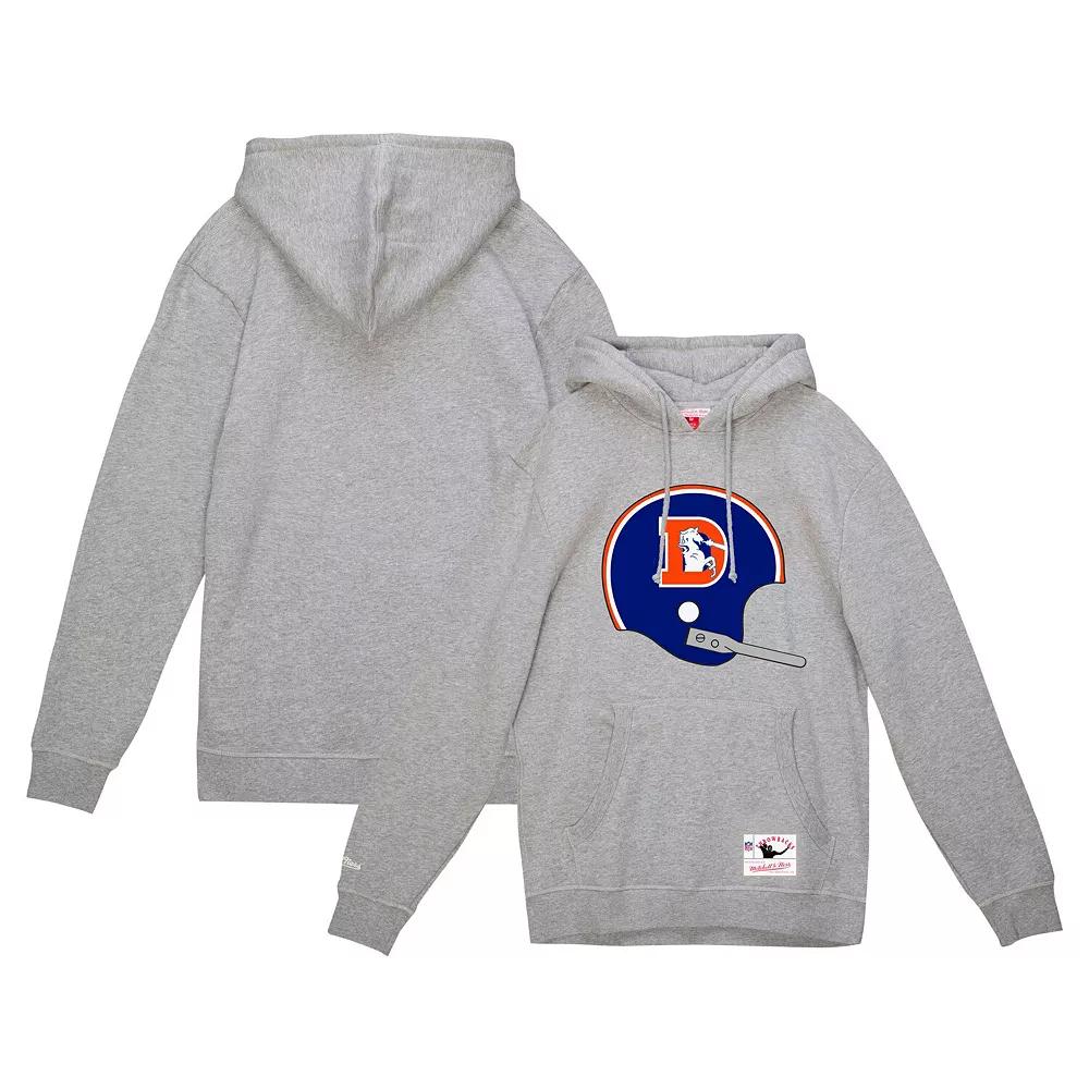 Mens Mitchell & Ness Heather Gray Denver Broncos Helmet Logo Vintage Pullover Hoodie Product Image