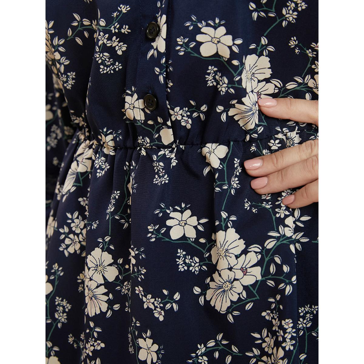 Plus Size Indigo Floral Bell Sleeve Button Through High Low Hem Blouse Women Elegant Elbow-length sleeve V-neck Dailywear Blouses BloomChic 26/4X Product Image