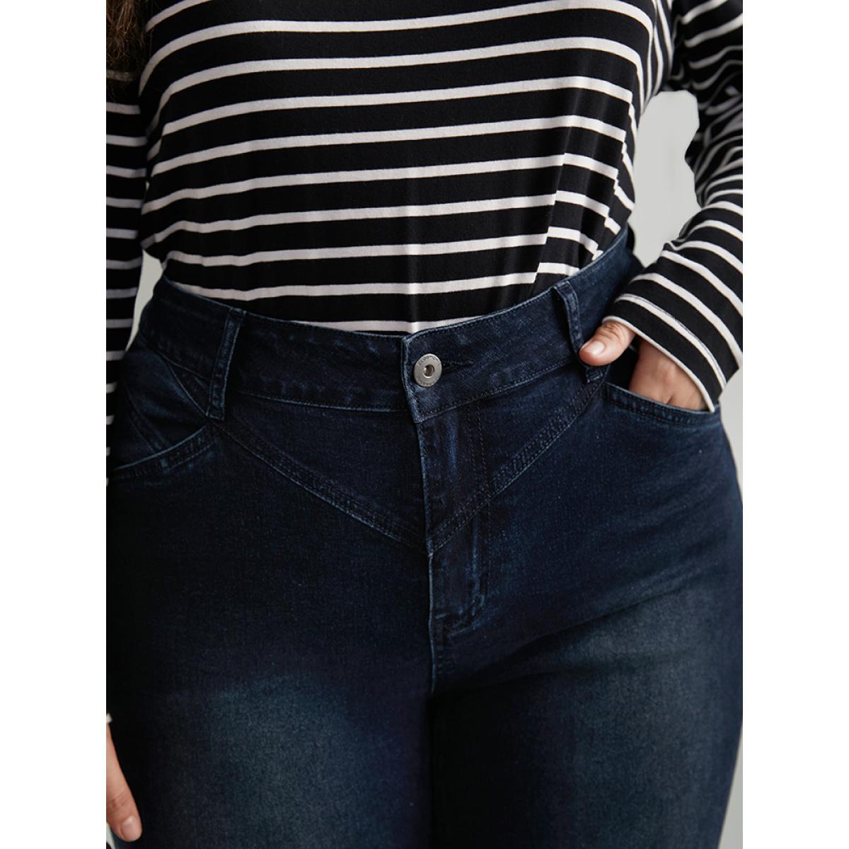 Plus Size Flare Leg Very Stretchy Pleated Patchwork Jeans Women Midnight Casual Plain Plain High stretch Pocket Jeans BloomChic 24/3X Product Image