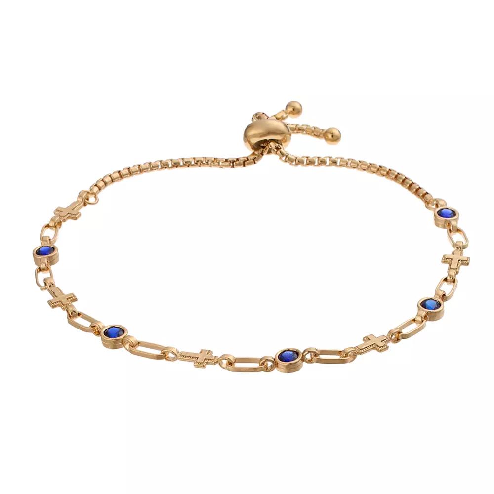 Kristen Kesho Sterling Silver Lab-Created Sapphire & Cross Link Adjustable Bolo Bracelet, Women's, Size: 9.50, Gold Tone Product Image