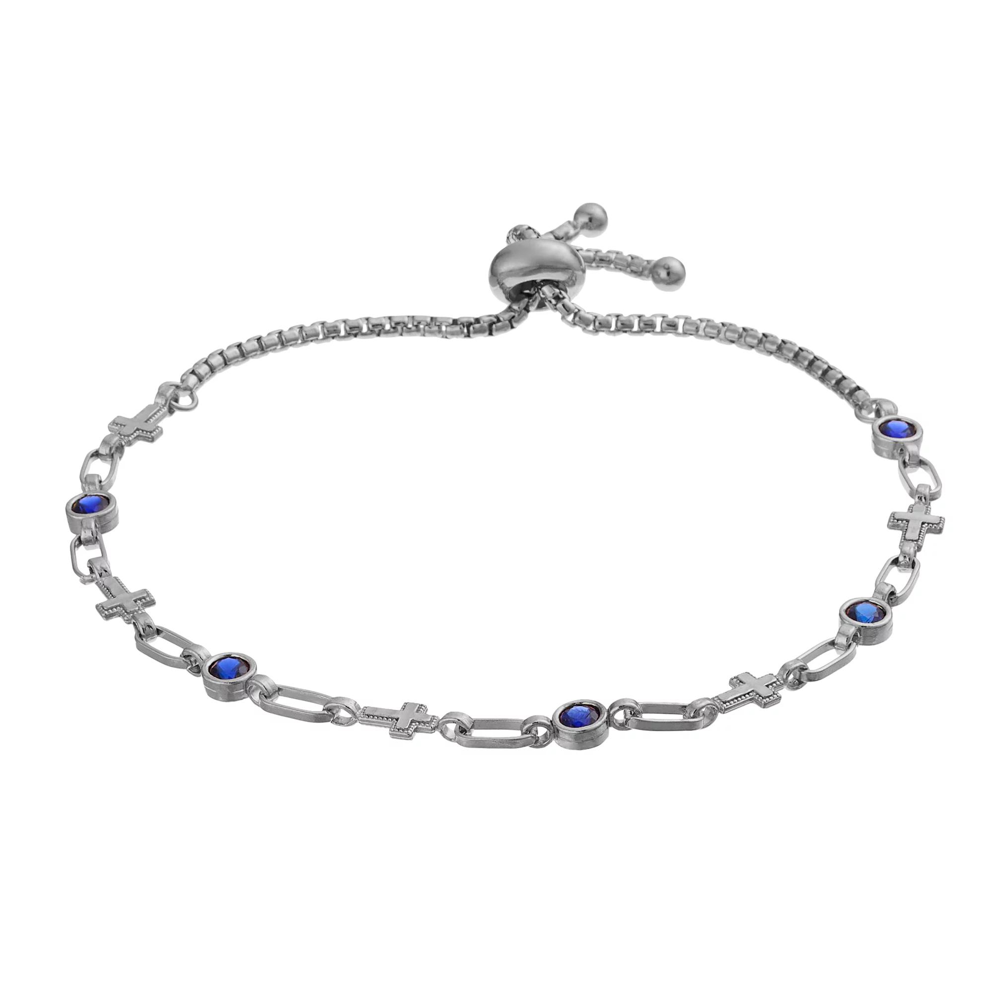 Kristen Kesho Sterling Silver Lab-Created Sapphire & Cross Link Adjustable Bolo Bracelet, Women's, Size: 9.50 Product Image