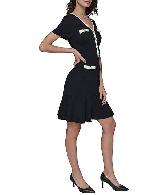 KARL LAGERFELD PARIS Short Sleeve Bow Detail Stretch Scuba Crepe Aline Dress Product Image