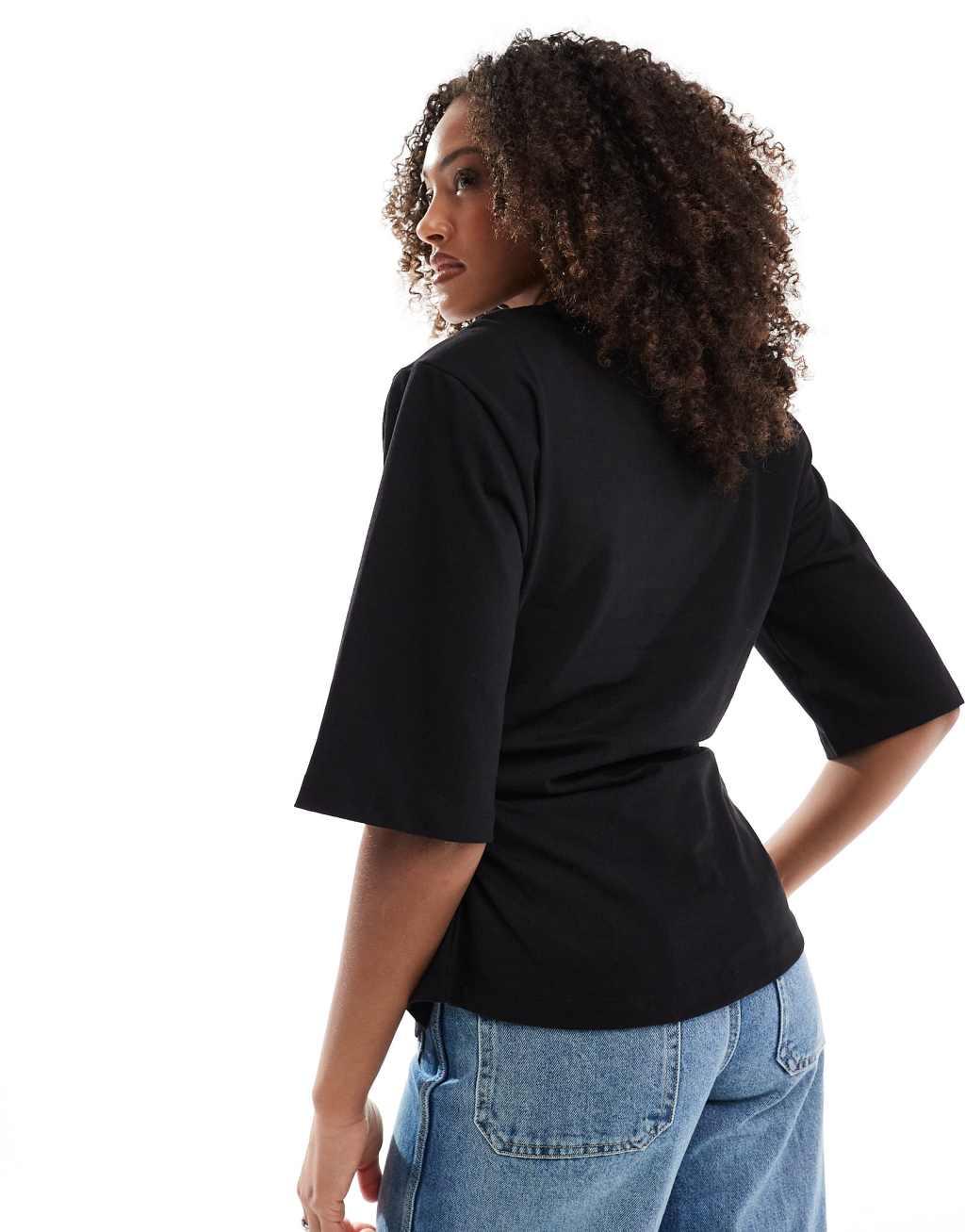 ASOS DESIGN shoulder pad cinch waist T-shirt in black Product Image