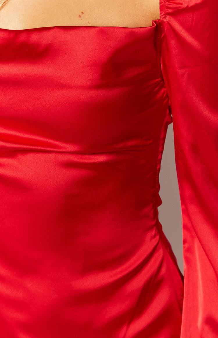 Airlea Red Satin Asymmetric Maxi Dress Product Image