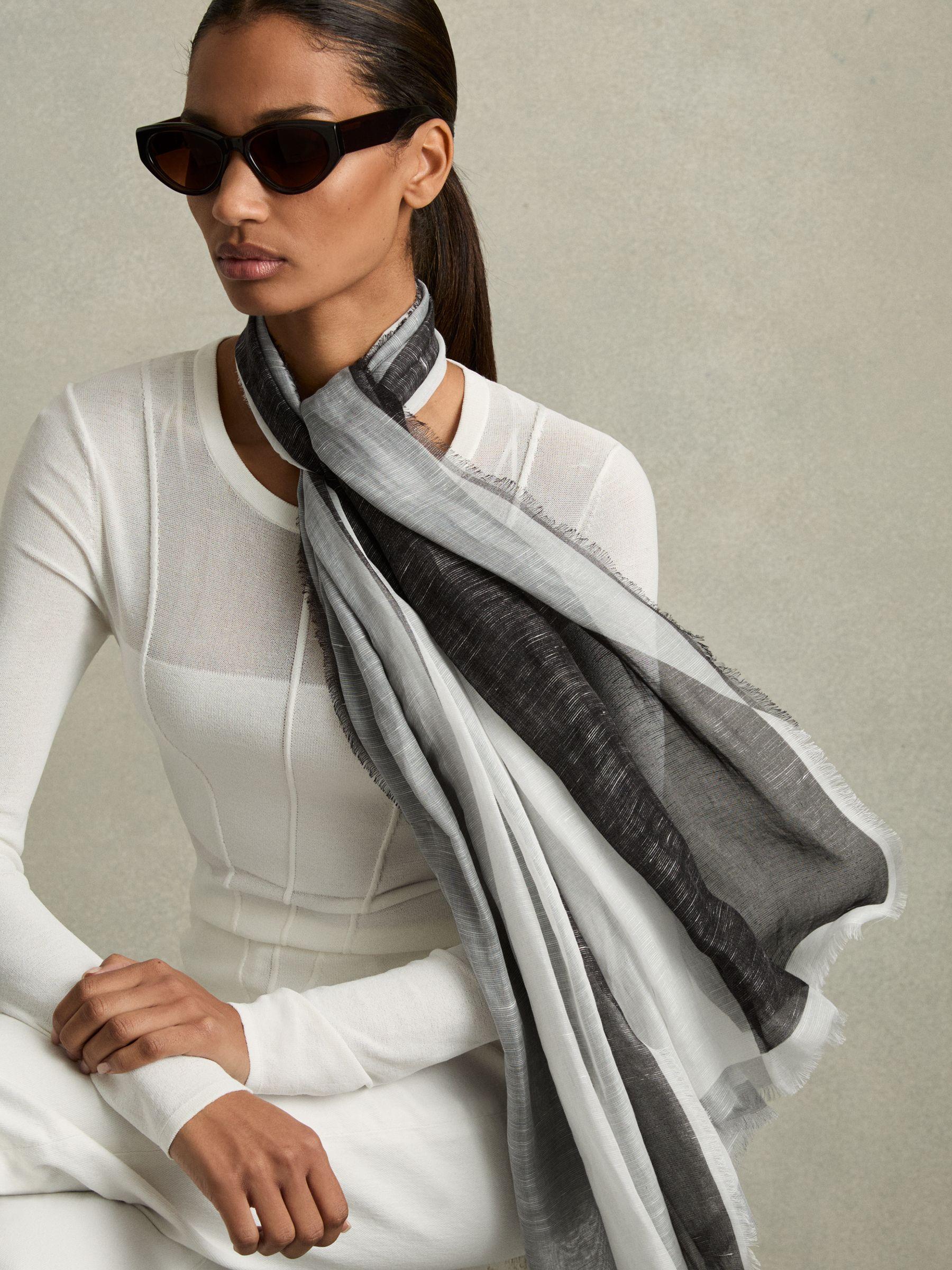 Linen-Blend Printed Scarf in Grey/White Product Image