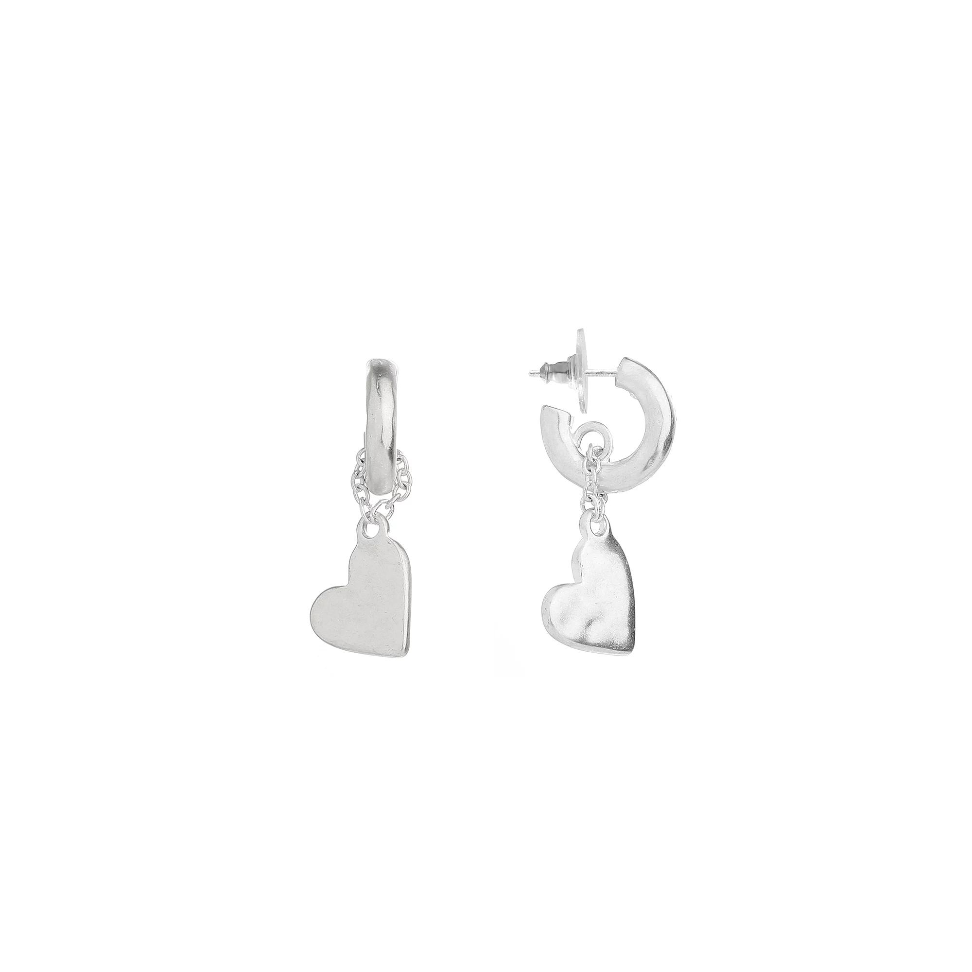 Bella Uno Worn Heart Charm Post Hoop Earrings, Women's, Silver Tone Product Image