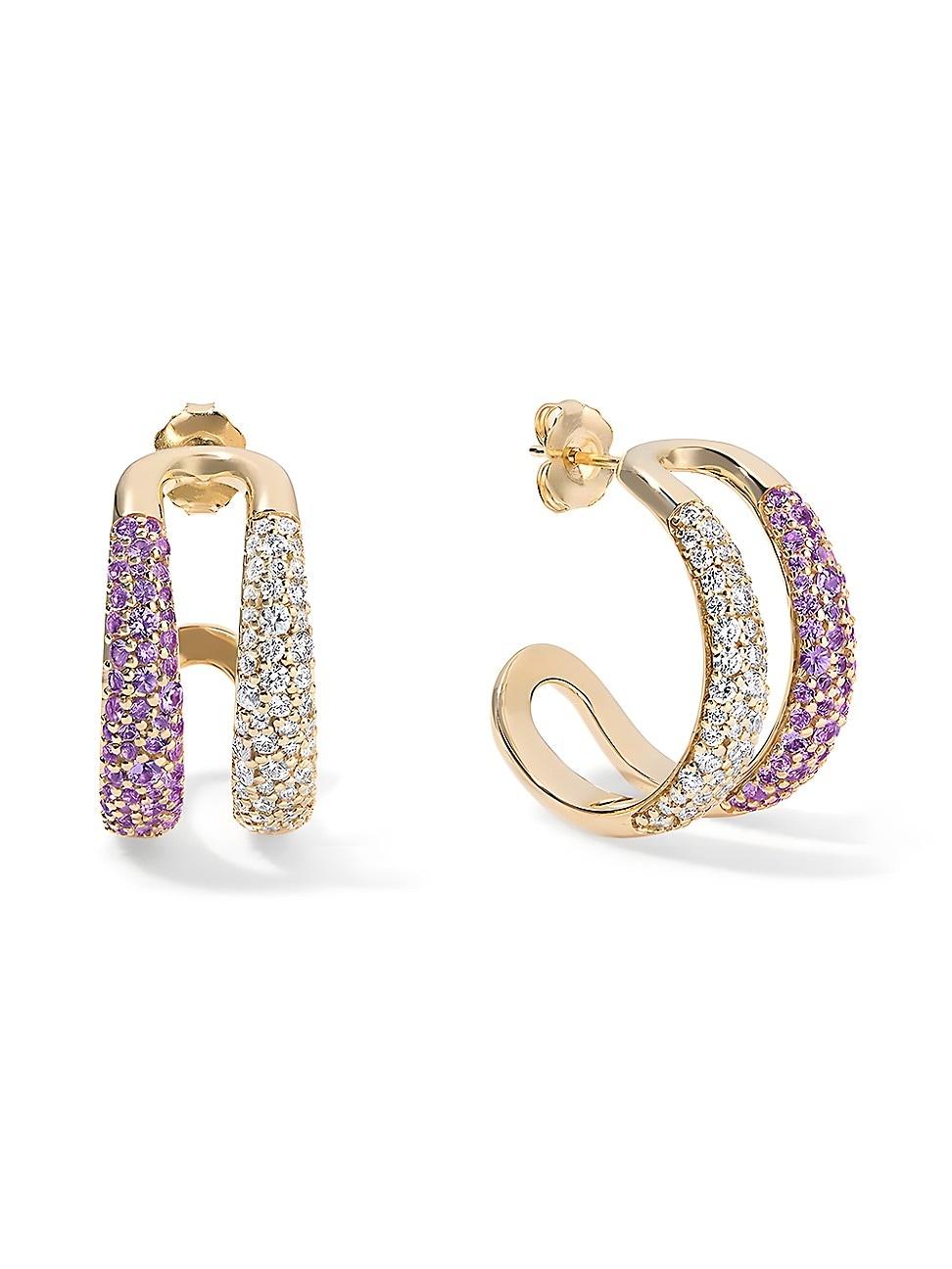 Womens 14K Yellow Gold, Amethyst & 1.0 TCW Diamond Double-Domed Hoops Product Image