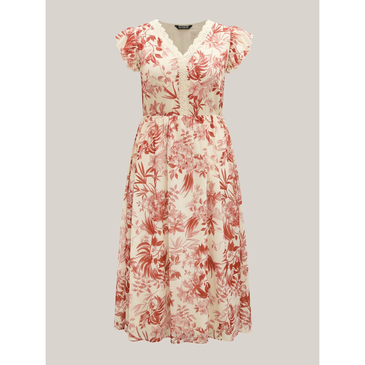 Plus Size Large Flower Print Lace Trim Maxi Dress Beanpastepowder Women V-neck Cap Sleeve Curvy BloomChic 22-24/3X Product Image