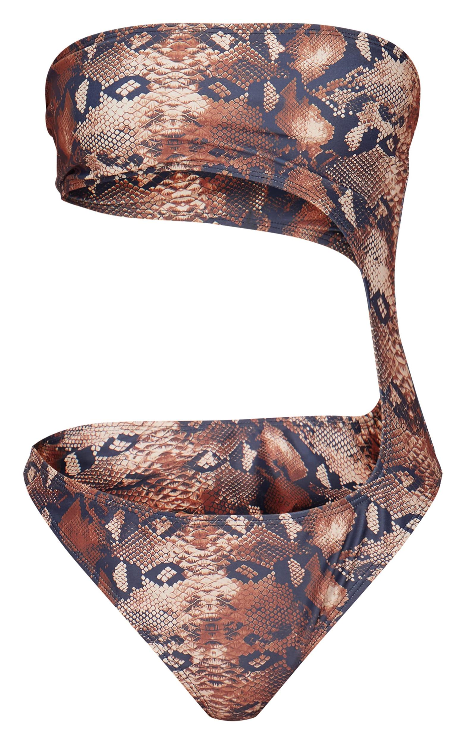 Brown Snake Print Bandeau Cut Out Swimsuit Product Image