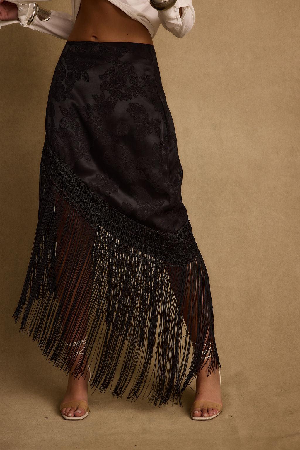 Frankie Black Satin Jacquard Fringe Midi Skirt Product Image