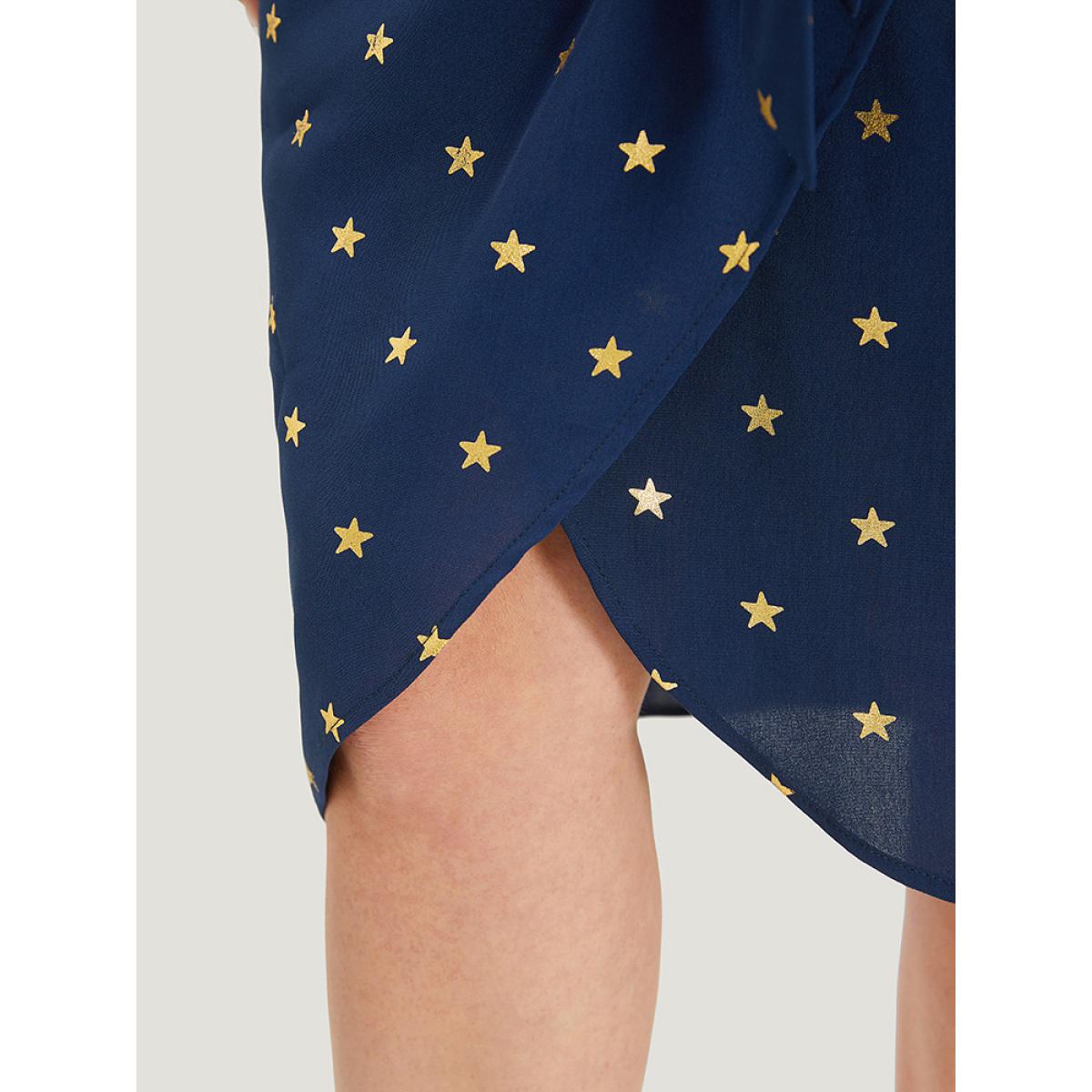 Plus Size Star Wrap Ties Pocket Ruffle Sleeve Dress Indigo Women Party Wrap Overlap Collar Sleeveless Curvy Midi Dress BloomChic 28/5X Product Image