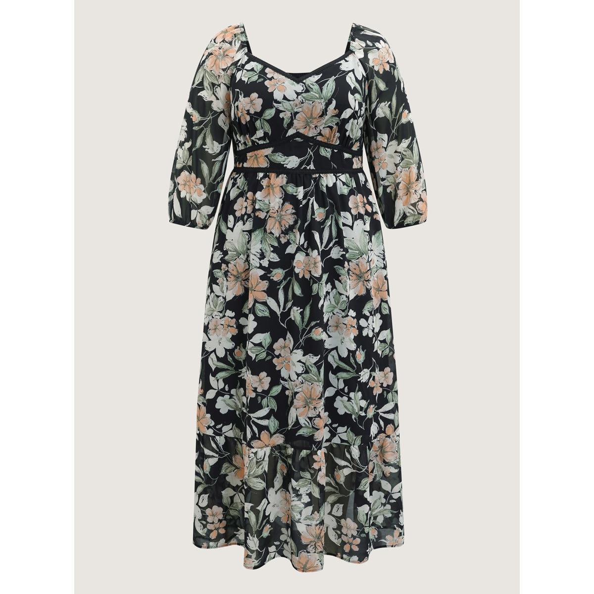 Plus Size Floral Heart Neckline Woven Ribbon Gathered Dress Black Women Timeless Woven ribbon&lace trim Heart neckline Elbow-length sleeve Curvy BloomChic 12/L Product Image