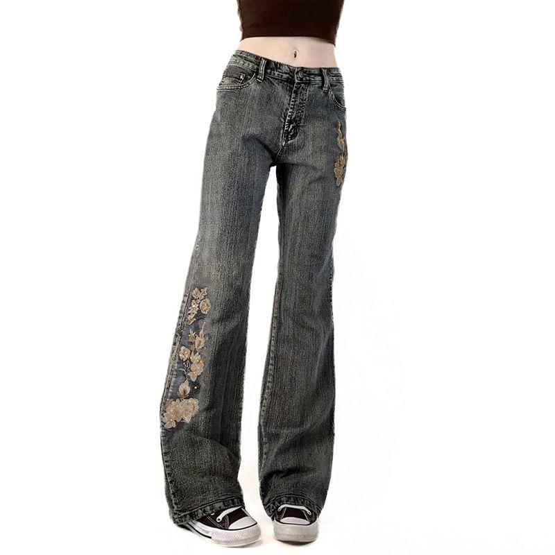 Mid Waist Floral Embroidered Flared Jeans Product Image