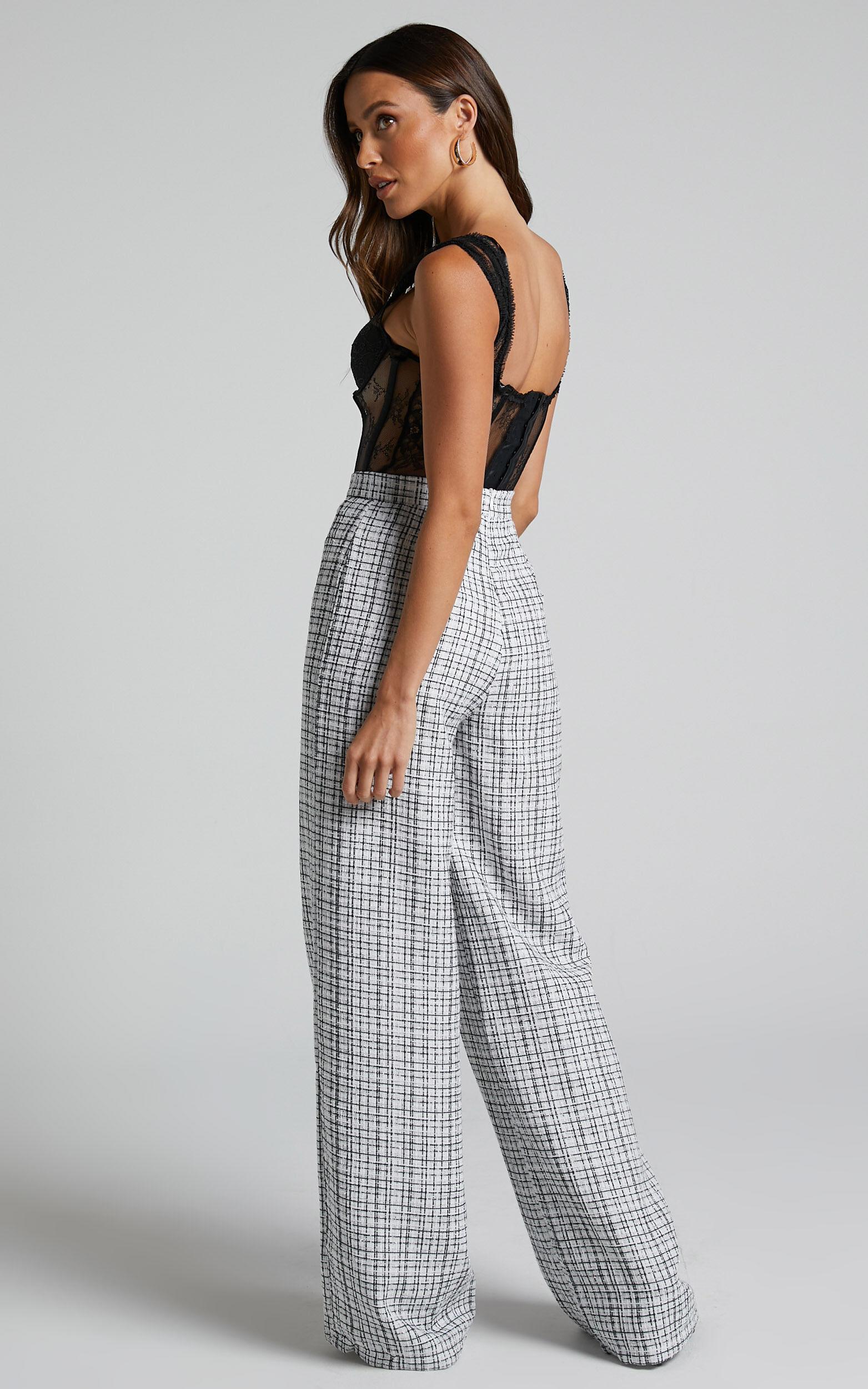 Icie Pants - High Waisted Tweed Wide Leg Pants in White & Black Product Image