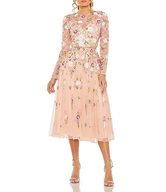 Mac Duggal Sequin Floral Crew Neck Long Sleeve Midi Dress Product Image