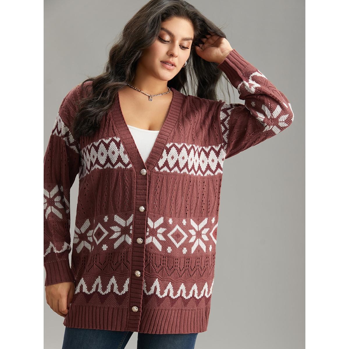 Plus Size Bandana Print Eyelet Metal Button Fly Cardigan Rust Women Casual Loose Long Sleeve Dailywear Cardigans BloomChic 30/6X Product Image