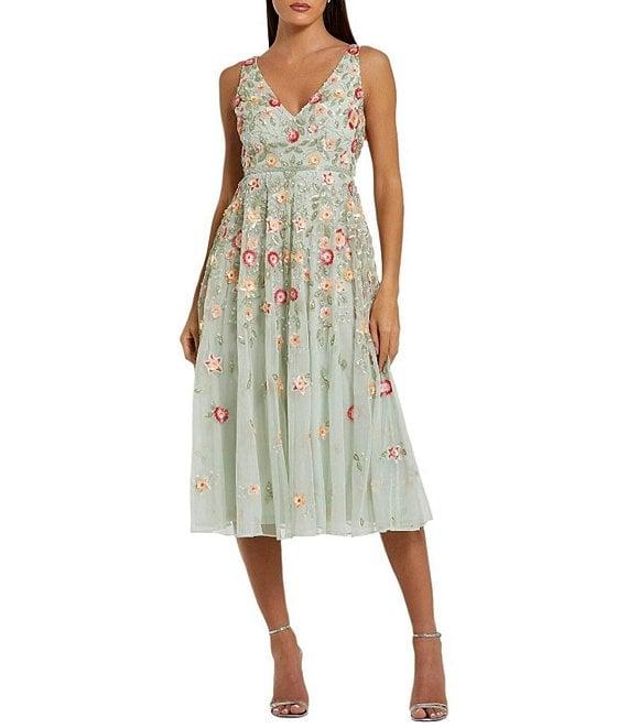 Mac Duggal Beaded V-Neck Sleeveless A-Line Midi Dress Product Image