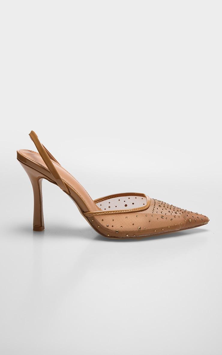Camel Mesh Diamante High Stiletto Sling Back Court Heels Product Image